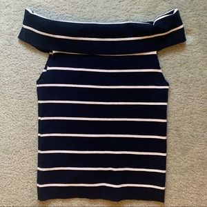 English Factory Navy Blue Stripe Off-Shoulder Top